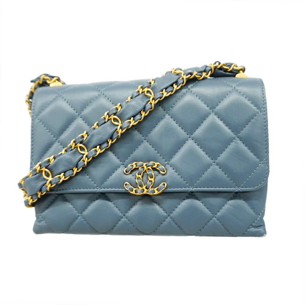 Chanel Matelassé Chain Shoulder Bag, 19, Lambskin, Blue-Gray, Women's, OP029290